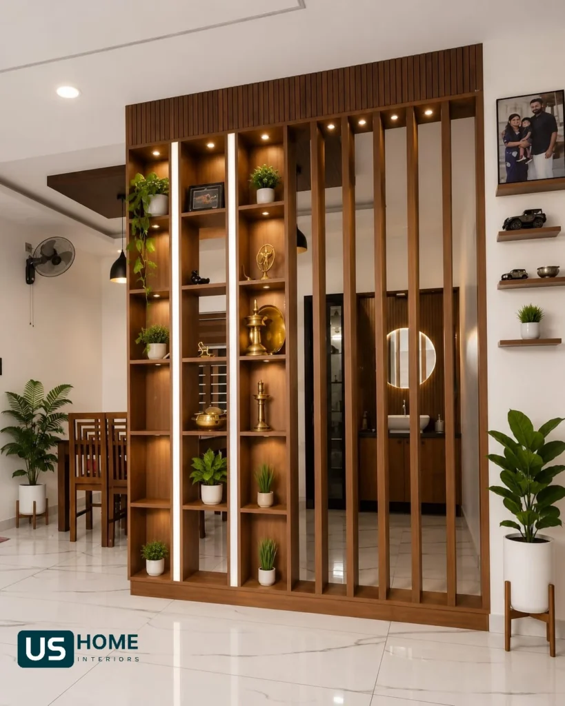 Timber slatted partition with lit display shelves between the living and dining areas