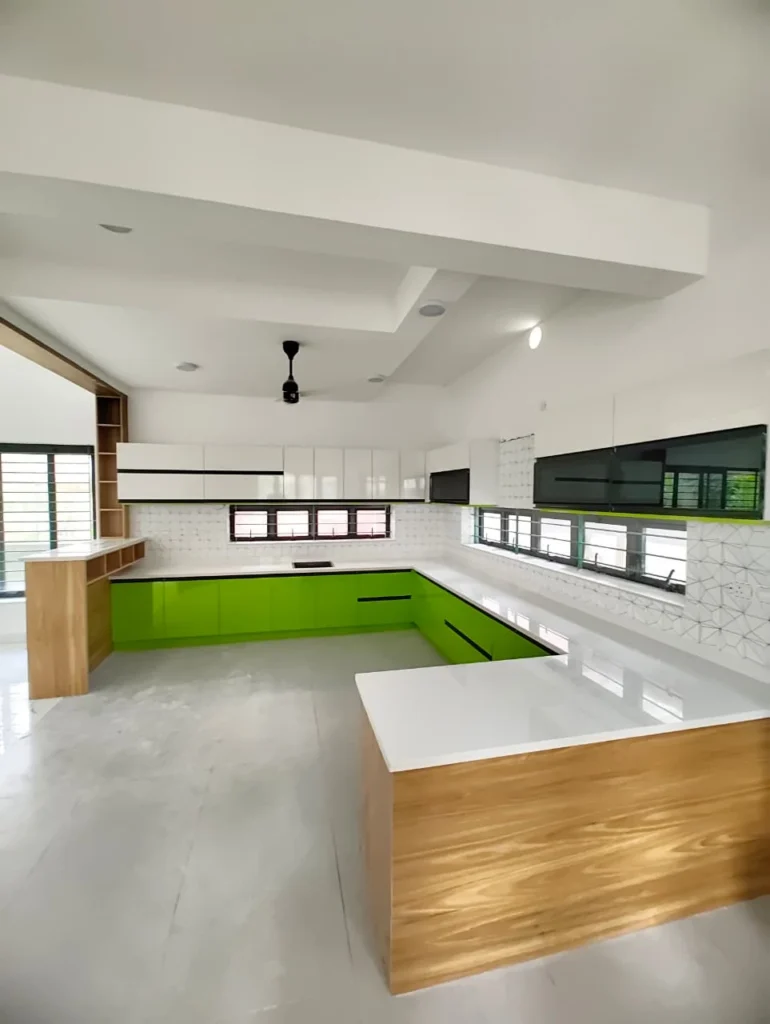Lime green and white kitchen with a white-topped oak island and stepped false ceiling