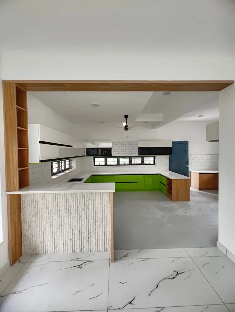 Oak-framed kitchen opening with a textured breakfast counter and lime green cabinets