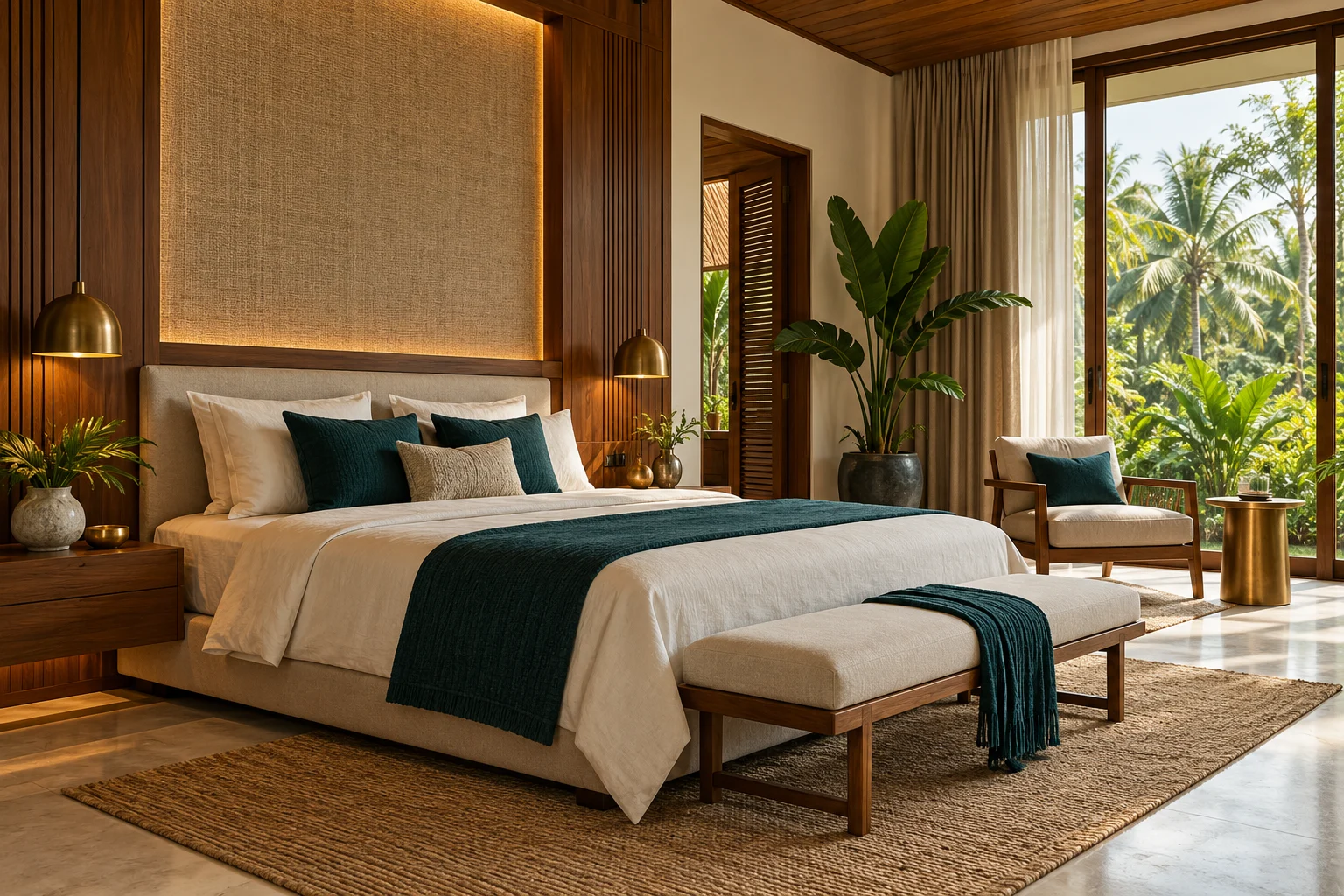 Serene bedroom with warm wood panelling and layered linen