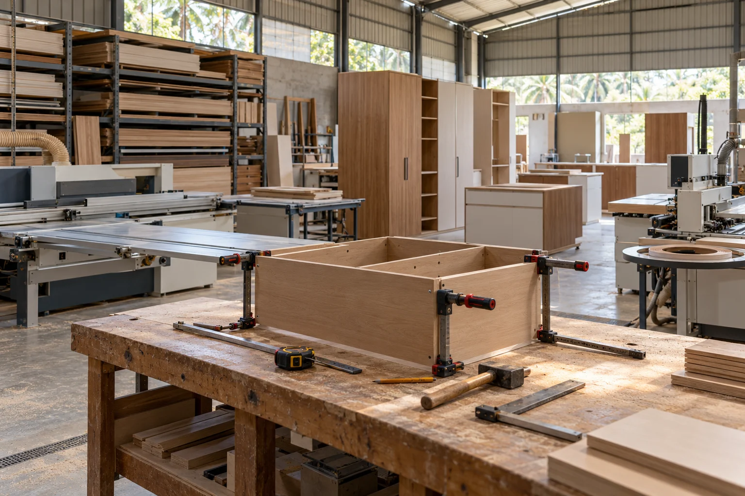 Illustrative cabinetry workshop with timber joinery and fitted furniture