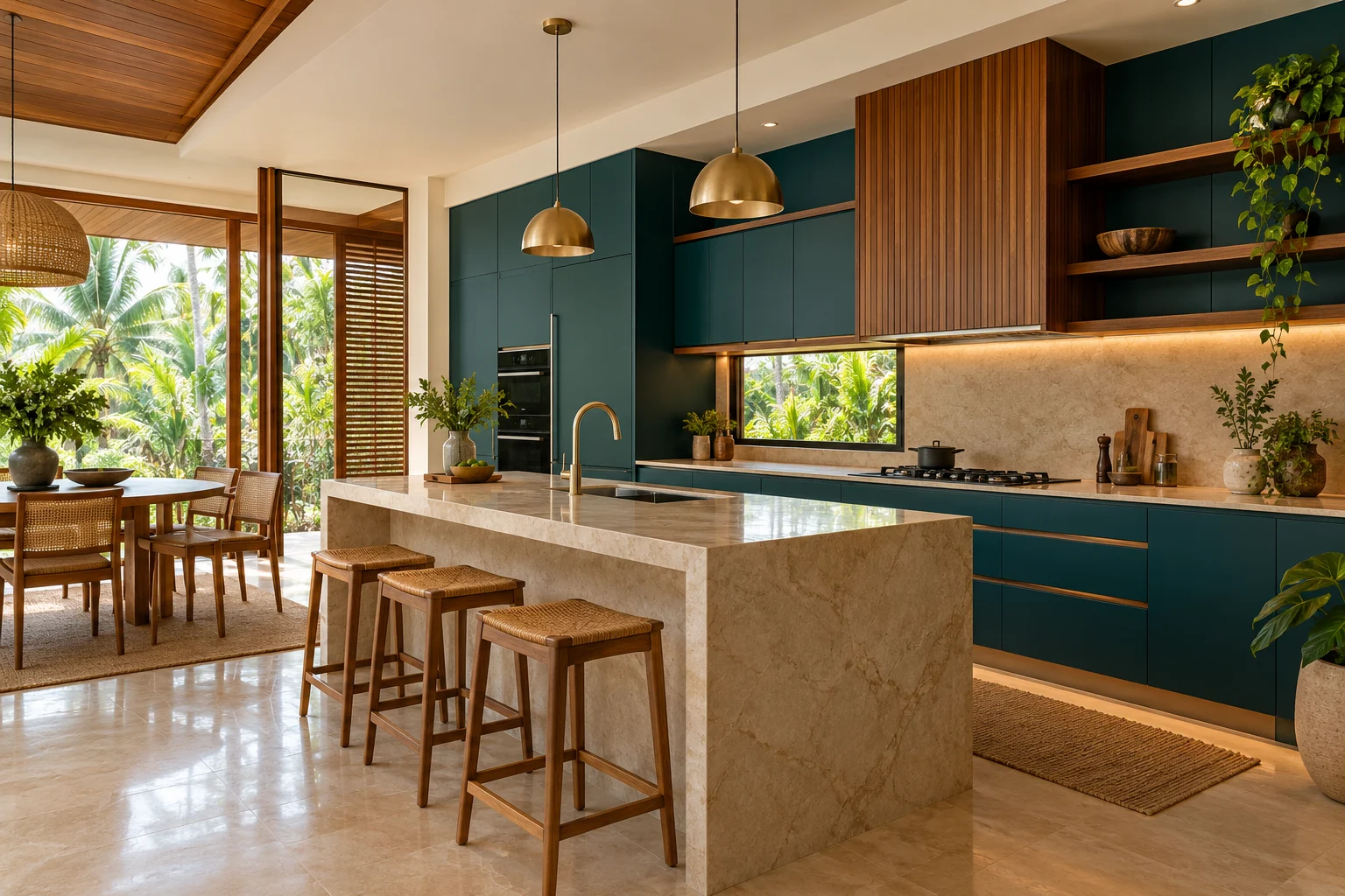 Deep teal kitchen cabinetry with a pale stone island and warm timber