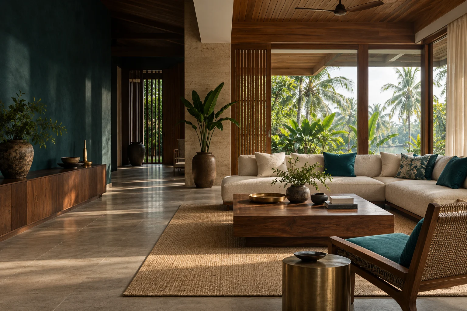 Kerala-inspired living room with teak and tropical greenery