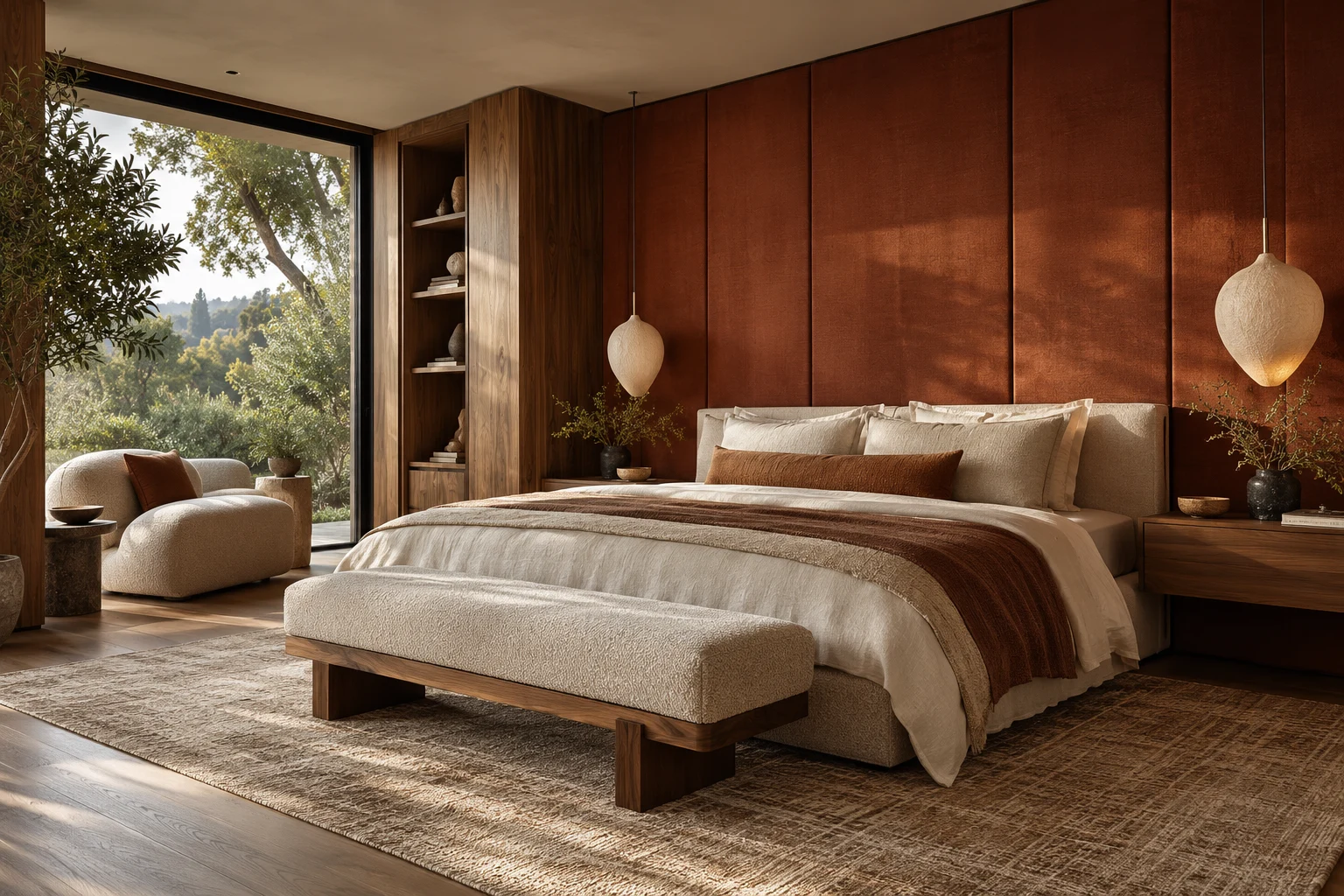 Contemporary bedroom with terracotta upholstery, walnut details and linen