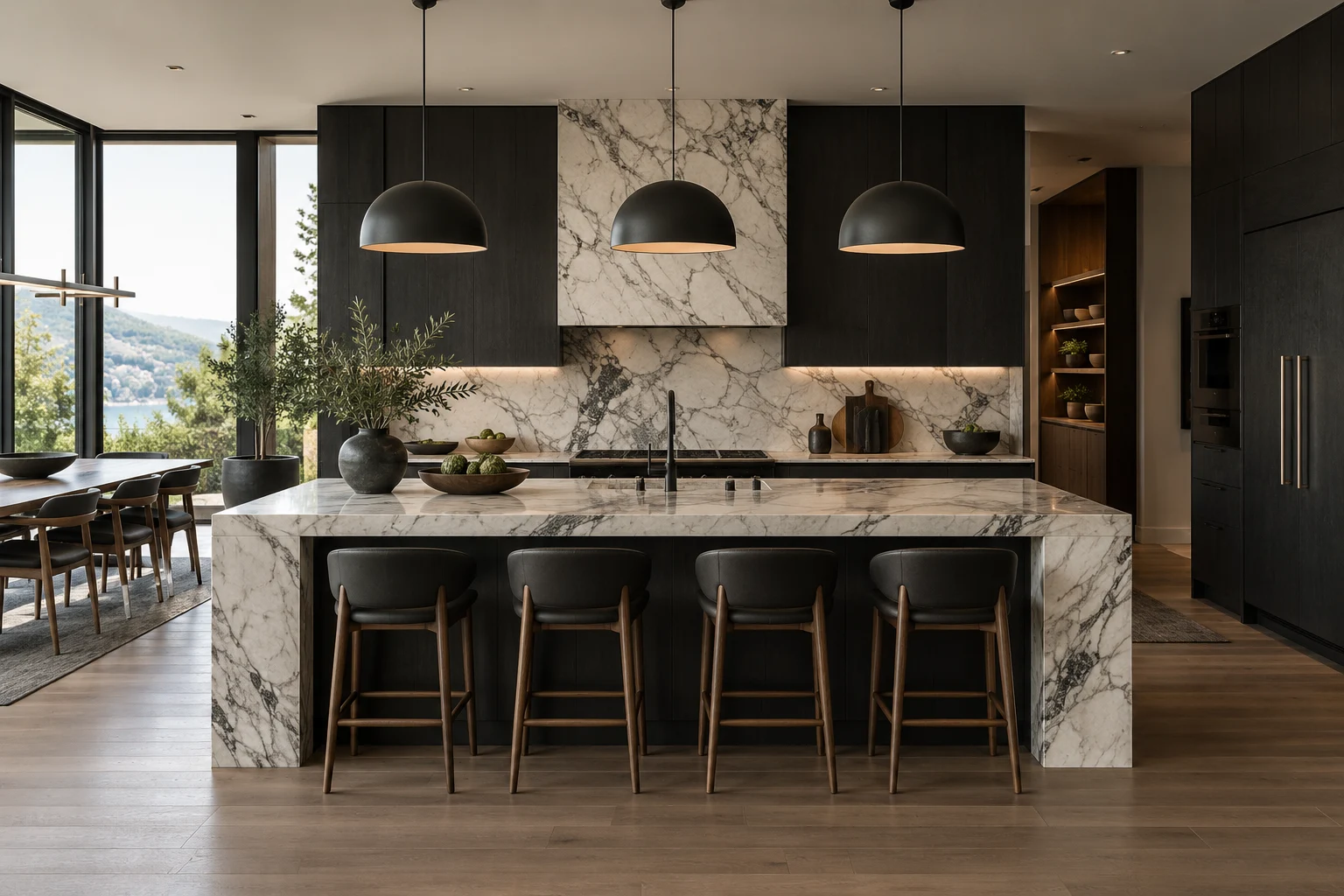 Modern charcoal kitchen with a pale marble island and architectural lighting