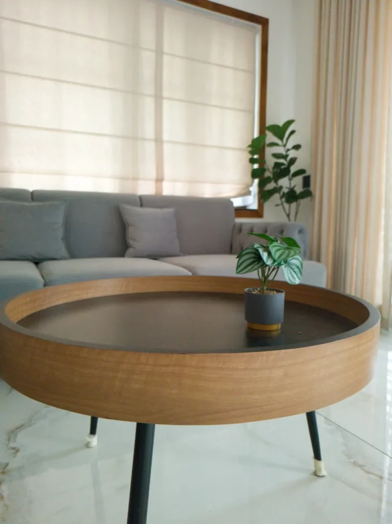 Round oak tray coffee table with a small plant in front of a grey sofa