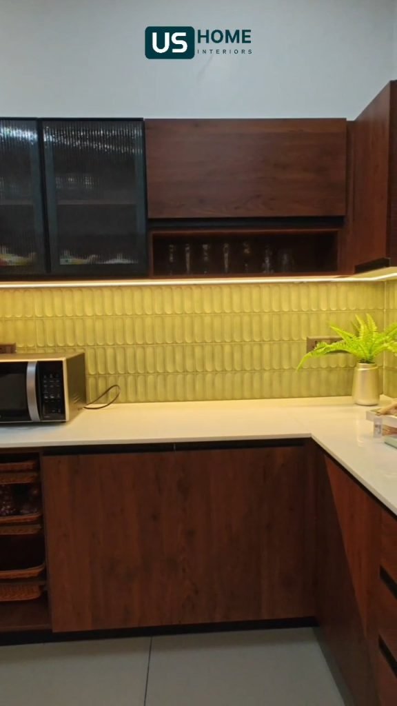 Timber modular kitchen with a green tiled backsplash